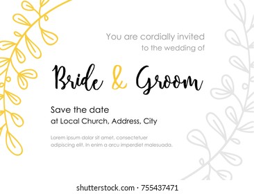 Wedding invitation card. Wedding card template with gold and grey frame of branches with leaves, hand drawn.