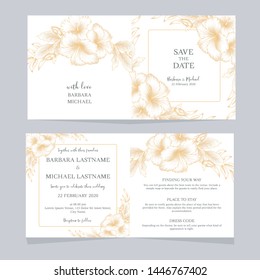 Wedding invitation card template with golden hibiscus floral bouquet in vintage style