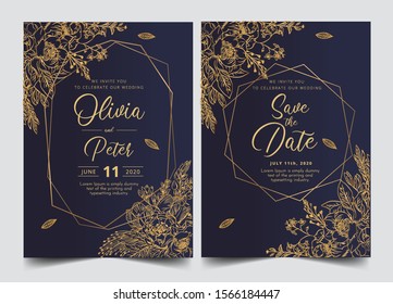 wedding invitation card template with golden flower floral background. Vector illustration.