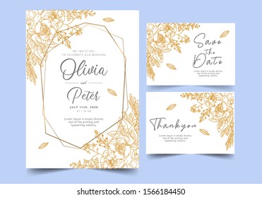 wedding invitation card template with golden flower floral background. Vector illustration.