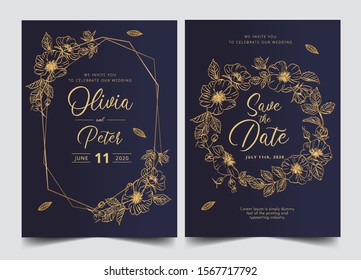 wedding invitation card template with golden flower floral background. Vector illustration.