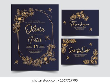 wedding invitation card template with golden flower floral background. Vector illustration.