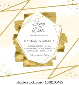 Wedding invitation card template with golden watercolor floral frame