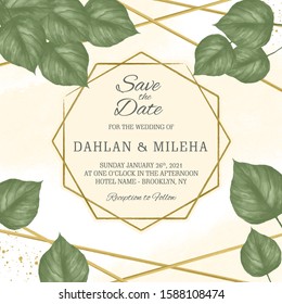 Wedding invitation card template with golden watercolor floral frame