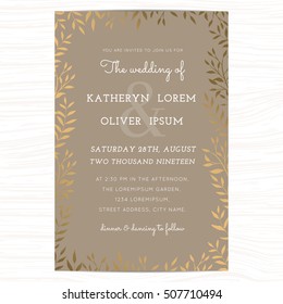 Wedding invitation card template with golden color leaf on background. Vector illustration.