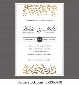 Wedding invitation card template with golden color flower floral background. Vector illustration.