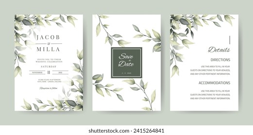 Wedding Invitation card template with green leaf watercolor  and branches