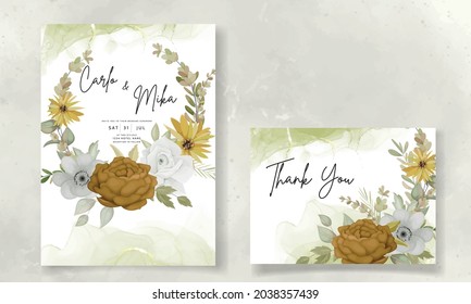 Wedding invitation card template with hand drawn autumn fall floral