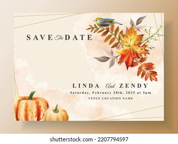 wedding invitation card template with hand drawn autumn leaves