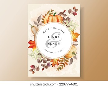 plantilla de tarjeta de invitación de boda con hojas de otoño dibujadas a mano