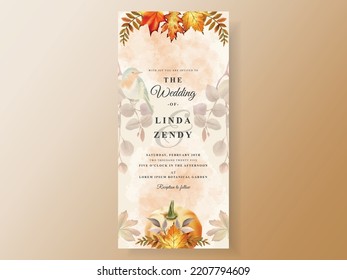 wedding invitation card template with hand drawn autumn leaves