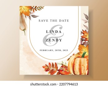 wedding invitation card template with hand drawn autumn leaves