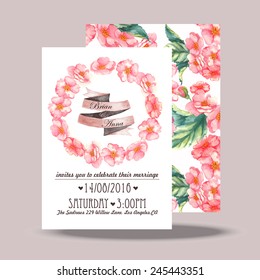 Wedding invitation card template. Hand drawn watercolor design with tender pink flowers and leaves