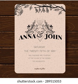 Wedding invitation card template. Hand drawn watercolor design with tender pink flowers and leaves