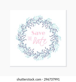 Wedding invitation card template with hand drawn round floral wreath. Background with place for text. Doodle vector illustration