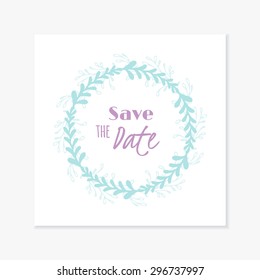 Wedding invitation card template with handdrawn floral wreath. Background with place for text. Doodle vector illustration