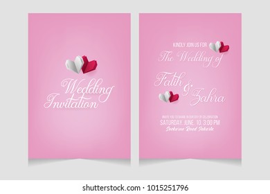 Wedding invitation, wedding card. Wedding invitation template with heart shape origami. Paper art and craft style.