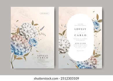 Plantilla de tarjeta de invitación de boda con flores de hortensia acuarela