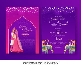 Wedding Invitation Card Template With Indian Couple Character In Purple And Pink Color.