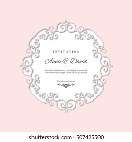 Wedding invitation card template with laser cutting filigree frame. Pastel pink and white colors.