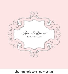 Wedding invitation card template with laser cutting filigree frame. Pastel pink and white colors.