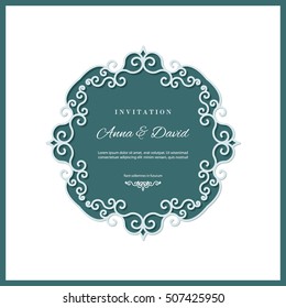 Wedding invitation card template with laser cutting filigree frame. Emerald and white contrast colors.