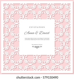 Wedding invitation card template with laser cutting filigree frame. Pastel pink and white colors.