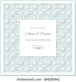 Wedding invitation card template with laser cutting frame. Pastel blue and white colors. Can be used for filigree envelope design.