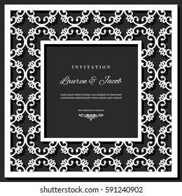 Wedding invitation card template with laser cutting frame. Square filigree cutout envelope design. Black and white colors.