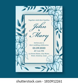 Wedding Invitation Card Template Layout Decorated with Lily Flowers and Venue Details.