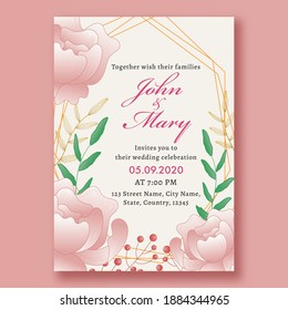 Vorlagenlayout für Hochzeitskarte mit rosa Rosenblumen und Blättern dekoriert.