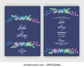 Wedding Invitation Card Template Layout Decorated With Colorful Floral In Front And Back View.