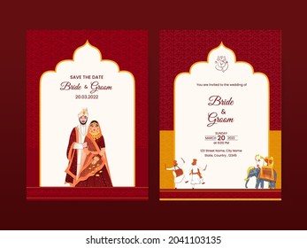 Wedding Invitation Card Template Layout With Indian Couple Character In Traditional Attire.