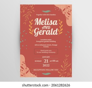 Wedding Invitation Card Template Layout With Flat color design minima;ist floral And Event Details