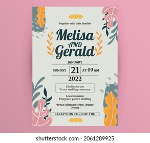 Wedding Invitation Card Template Layout With Flat color design minima;ist floral And Event Details