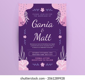 Wedding Invitation Card Template Layout With Flat color design minima;ist floral And Event Details