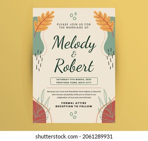 Wedding Invitation Card Template Layout With Flat color design minima;ist floral And Event Details