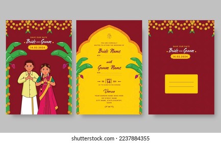 Wedding Invitation Card Template Layout With South Indian Couple Greeting Namaste And Envelope Illustration.