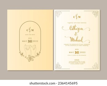 Wedding Invitation Card Template Layout with Line-Art Sign of Pinky Promise in Golden and White Color.