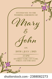 Wedding Invitation Card Template Layout With Event Details In Beige Color.