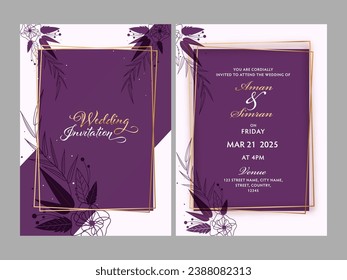 Tarjeta de invitación de matrimonio o diseño de plantilla en color morado y blanco.