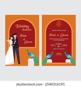 Layout do modelo do cartão do convite do casamento com o caráter do casal indiano em tradicional, o caráter do casal e detalhes do evento.