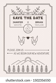 Wedding Invitation Card Template with leaf and origami bird over meadow field line illustration