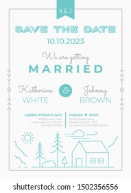 Wedding Invitation Card Template with lodge house line illustration in green mint theme