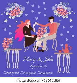 Wedding invitation card template with loving couple in cafe. Man with bouquet and beautiful woman surrounded by flowers and hearts.