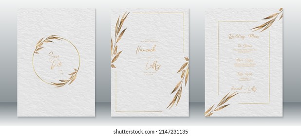 Plantilla de tarjeta de invitación de boda diseño de lujo con marco dorado y hoja de naturaleza