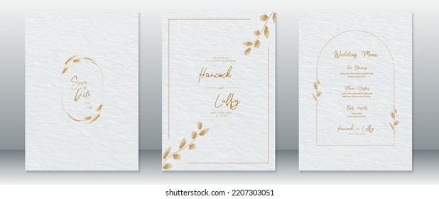 Wedding invitation card template luxury design with gold frame ,gold leaf wreath and watercolor texture background - Shutterstock ID 2207303051