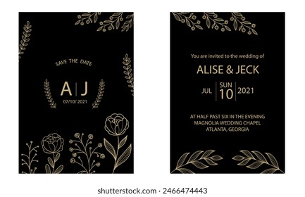 Wedding invitation card template luxury design with gold frame and nature leaf