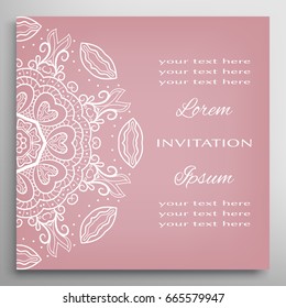 Wedding Invitation, Card template with mandala border element. Floral geometric lace pattern. Decorative abstract art background