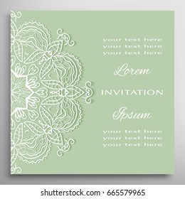 Wedding Invitation, Card template with mandala border element. Floral geometric lace pattern. Decorative abstract art background